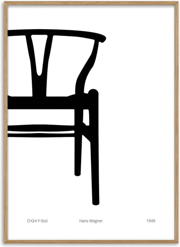 Minimalist poster of Hans Wegner's Y-chair in black and white, perfect for living room decor.