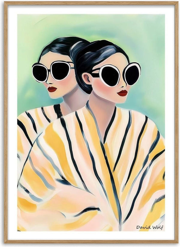 Art print of two women with dark hair in sunglasses and yellow-striped robes, by David Wolf.