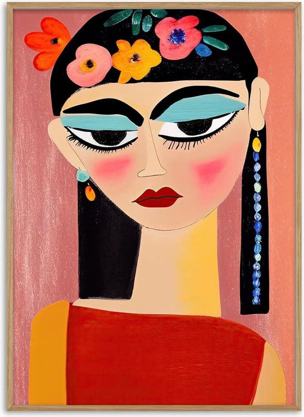 Colorful abstract portrait of a woman with flowers in her hair, inspired by Mexican art, from You Miss Me Mexico.