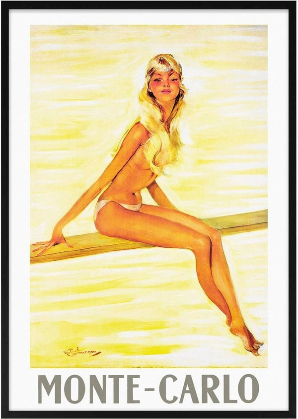 Vintage-style illustration of a young blonde woman in swimwear sitting by the water, with "Monte-Carlo" below.