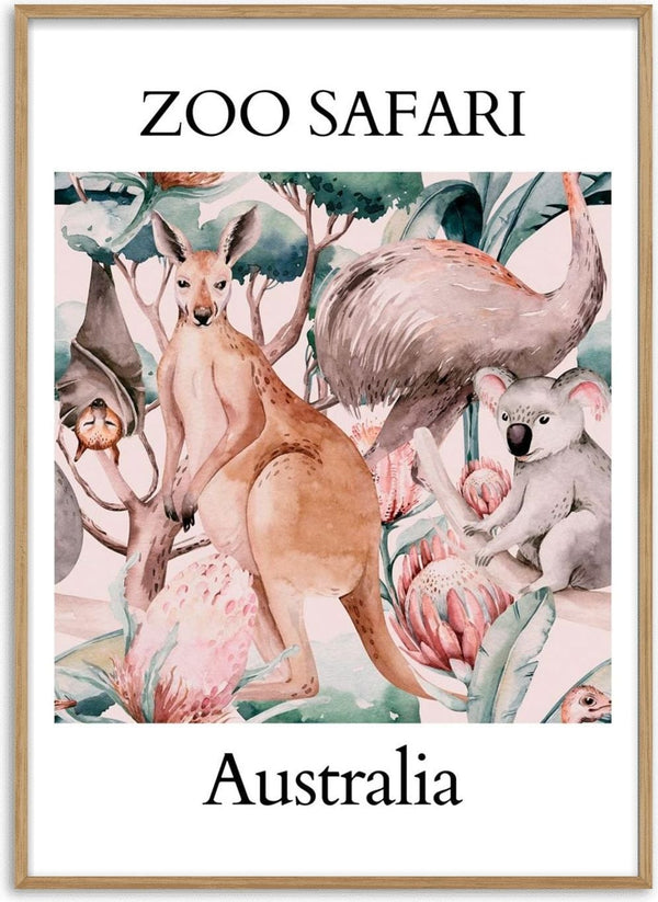 Illustrated poster of Australian animals including kangaroo, koala, and emu with the text "Zoo Safari Australia".