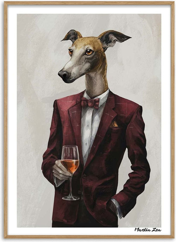A greyhound in a burgundy suit holding a wine glass, illustrated for Zoophisticated by Martin Zen.