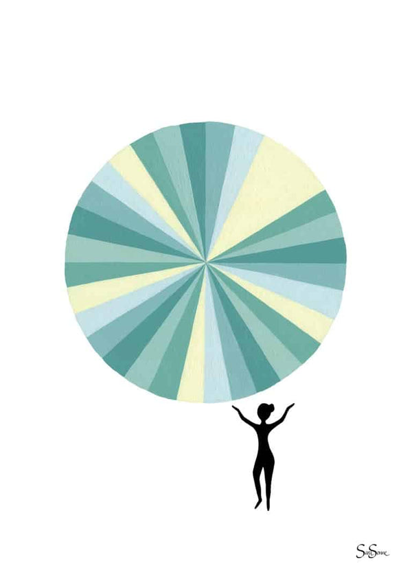 Minimalist art print of a woman holding a large, pastel-colored radial sunburst circle above her head.