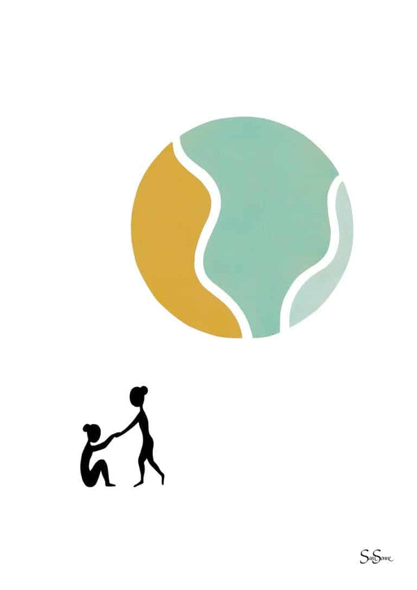 Minimalist art print of two figures, one helping the other up, beneath an abstract globe.