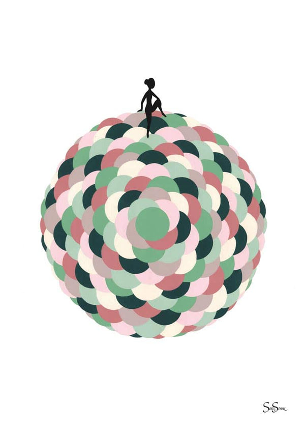 Minimalist art print of a figure atop a large, colorful, overlapping circle pattern by Sara Sonne.