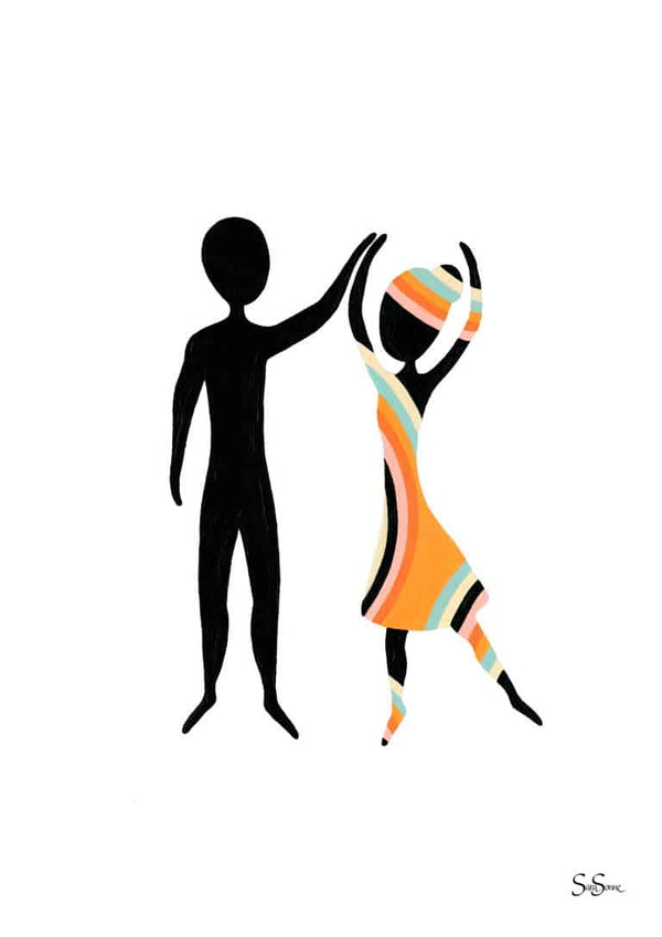 Abstract illustration of two dancing figures, one in colorful dress, from Sara Sonne's "Love" kunstposter.