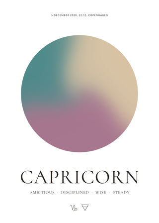 Capricorn zodiac aura poster – a glowing Capricorn aura with date, time and place, traits and the Capricorn symbol on a white background