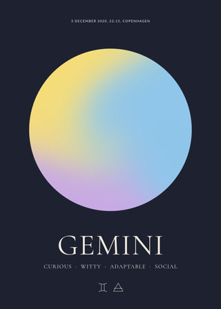 Gemini zodiac aura poster – a glowing Gemini aura with date, time and place, traits and the Gemini symbol on a dark night background
