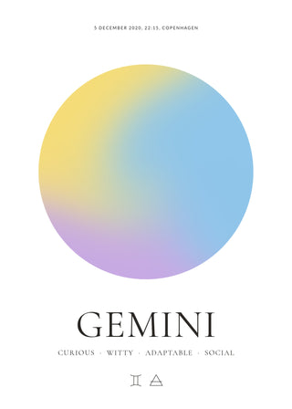 Gemini zodiac aura poster – a glowing Gemini aura with date, time and place, traits and the Gemini symbol on a white background