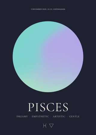 Pisces zodiac aura poster – a glowing Pisces aura with date, time and place, traits and the Pisces symbol on a dark night background